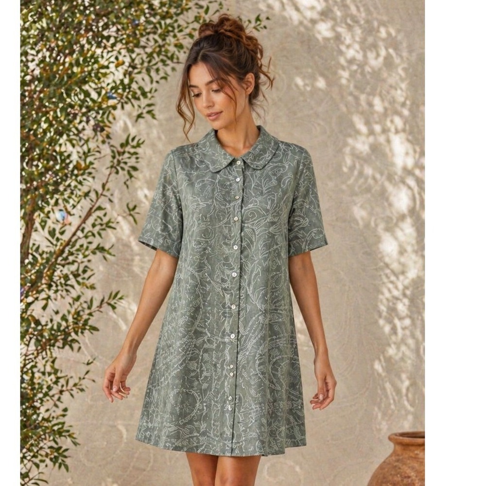 Francesca Bettini Italy Linen Tunic Shirt Sage Green Embroidered XL Womens